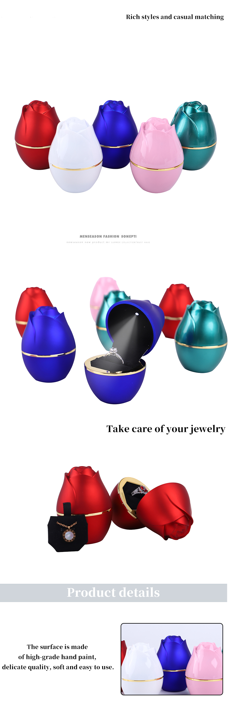 White LED Light Jewelry Packaging Box for Necklace Ring and Bracelet 2022 Rose Design