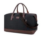 Large Capacity Travel Duffel Bag Leather Black Canvas Shoulder Crossbody Weekend