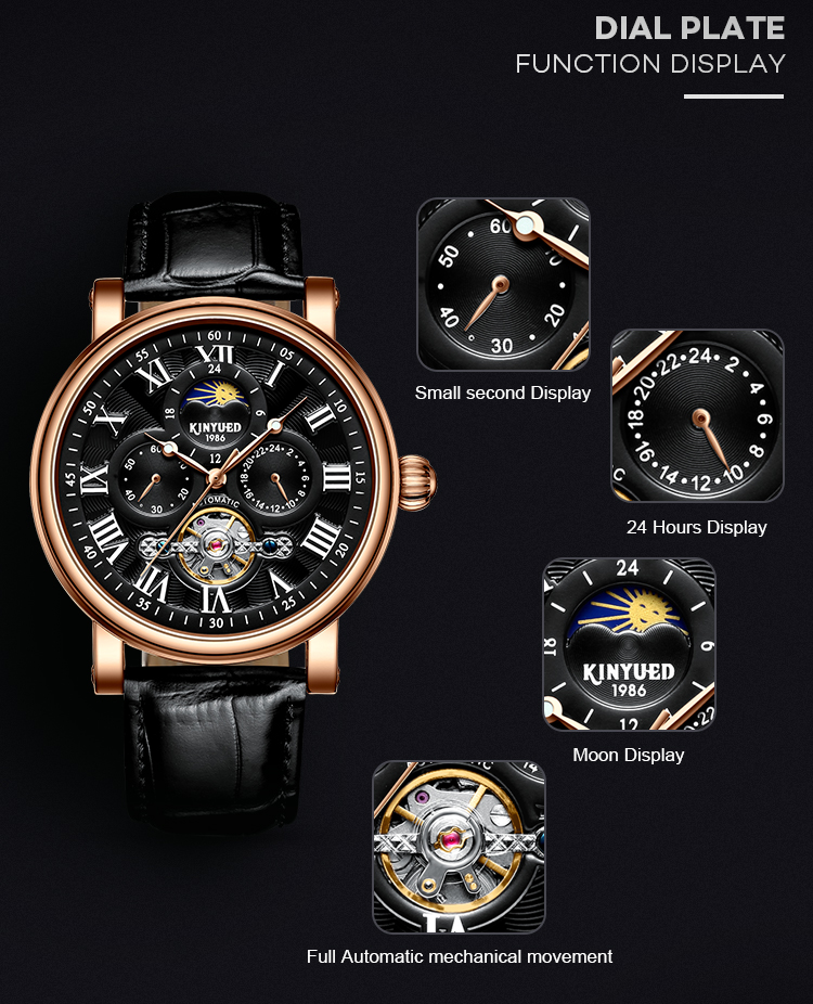 KINYUED wristwatches automatic men moon phase luminous tourbillon skeleton mechanical watch