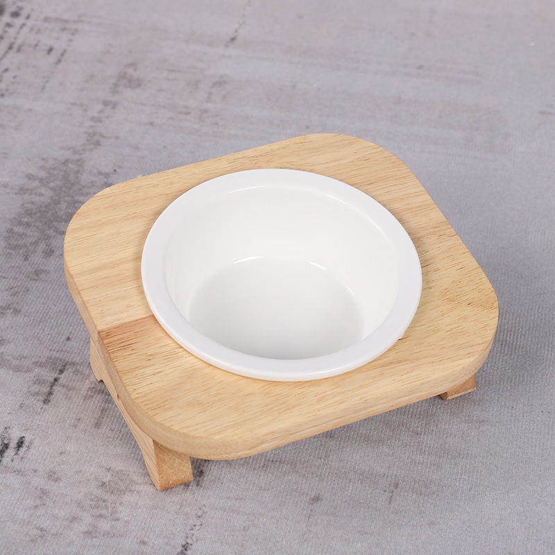 Cat Protection Cervical Vertebra Double Bowl Raised Ceramic Bamboo Wood