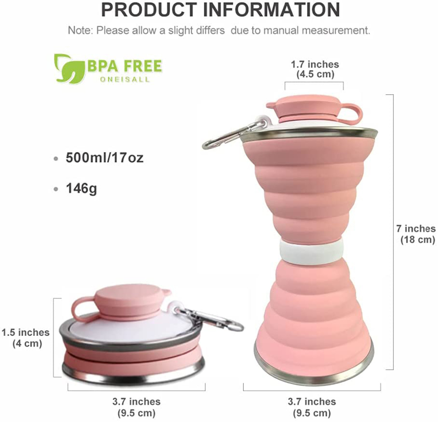 Super Thin Silicone Collapsible Water Bottles Foldable BPA Free 500ml