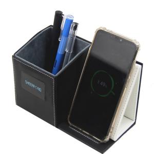China Pen Holder Wireless Charger Multifunctional Desktop Leather Wireless Charger Stand factory