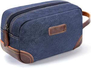 China Bathroom Toiletry Travel Bag For Men , Blue Leather And Canvas Large Dopp Kit factory
