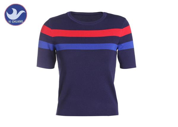 Summer Short Sleeve Cable Knit Sweater , Womens Navy Blue Pullover Sweater Crew