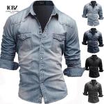 Men's Woven Denim Dress Shirts European Size Long Sleeve High Collar Cotton