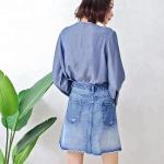 Fashion Ruffle Tie Denim Blouses And Tops , Women's Denim Shirts Long Sleeve