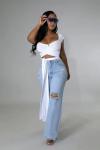 Fashion Loose Light Blue Denim Pants Wide Leg Ripped Jeans For Women
