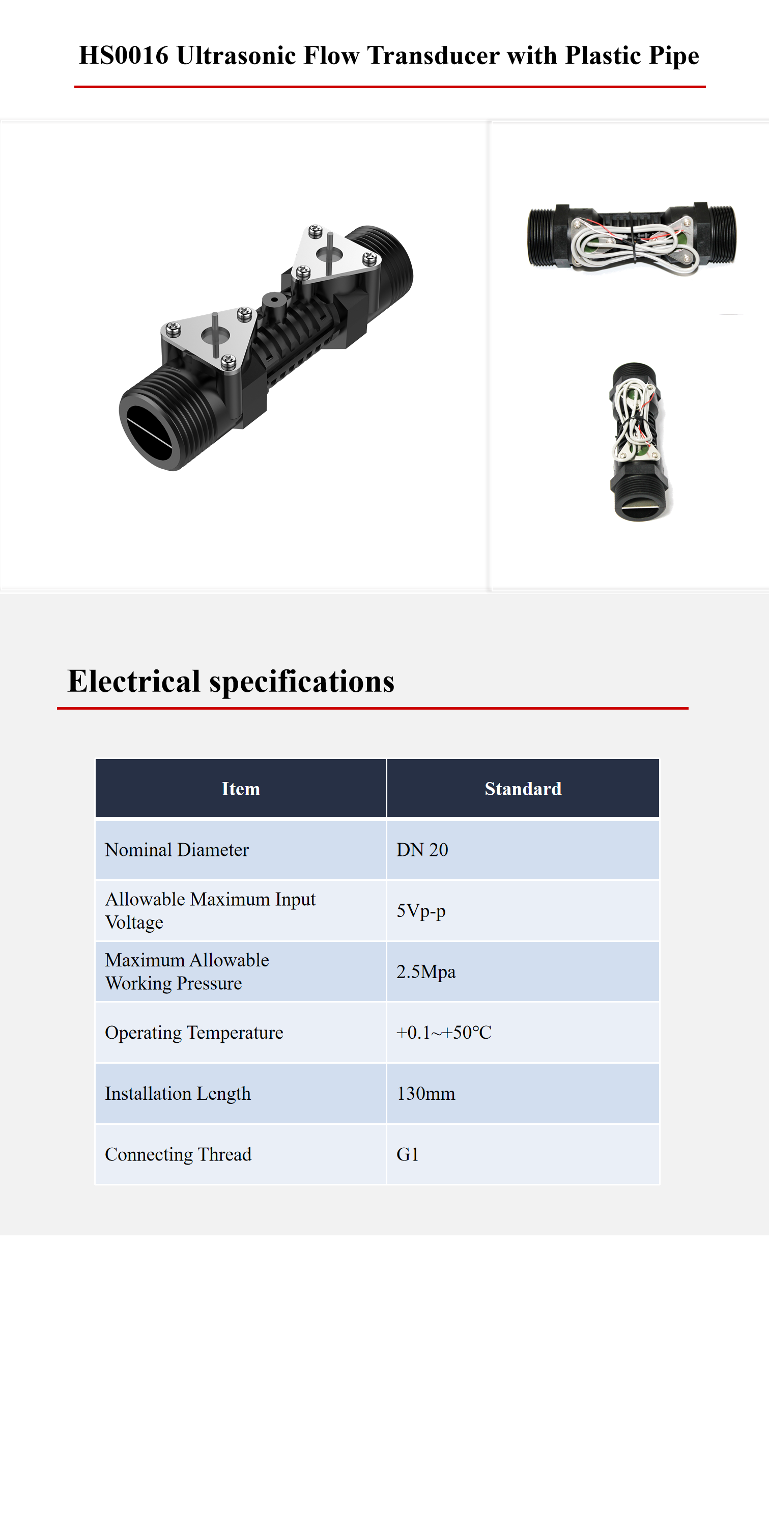HS0016 1mhz Ultrasonic Flow Transducer flow meter DN20 with plastic pipe