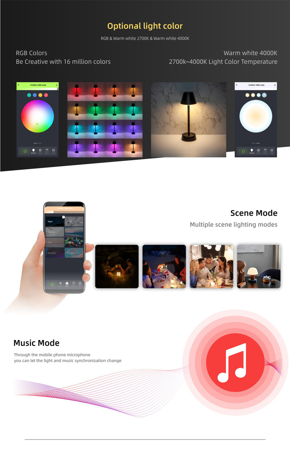 Megapower Phone Control Table Lamp Portable Color Changing RGB & Dimmable Warm White Night Light for Bedrooms