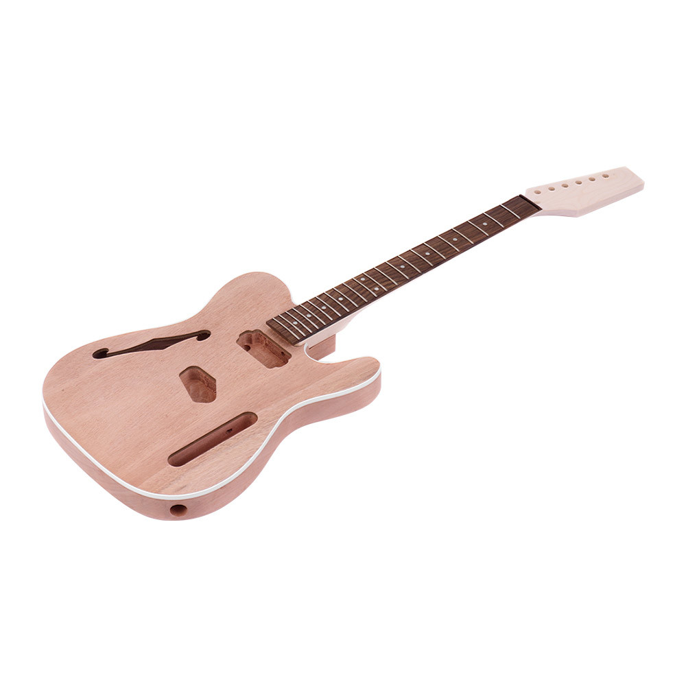 TL Tele Style Unfinished Electric Guitar DIY Kit Mahogany Body with F Soundhole Maple Wood Neck Rosewood Fingerboard