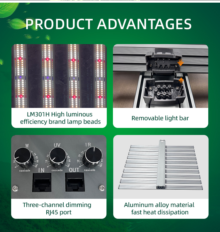 Detachable UV IR LED Grow Light 1000W 10 Bar Full Spectrum Dimmable Three Channels Daisy Chain