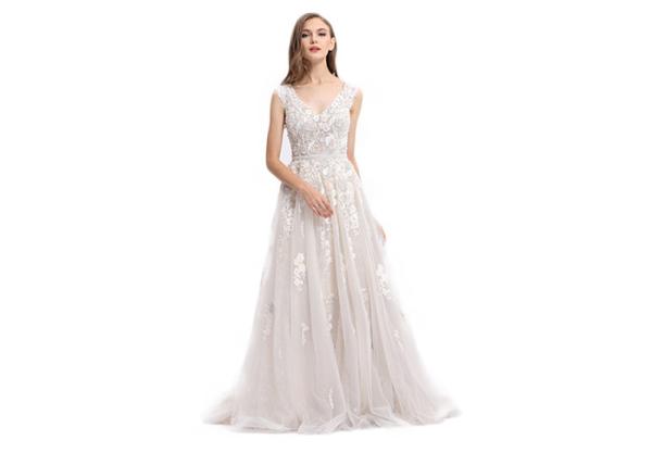 Front And Back V Neck Floral Ball Gown Wedding Dresses High End Custom