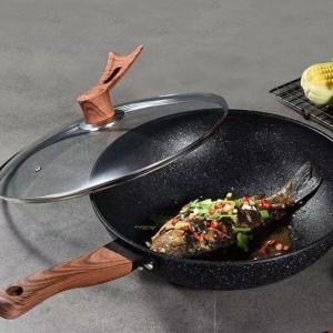 China Hot Sale Black 32cm Flat Bottom Maifan Stone Skillet Cookware Cooking Non-stick Deep Frying Pan factory