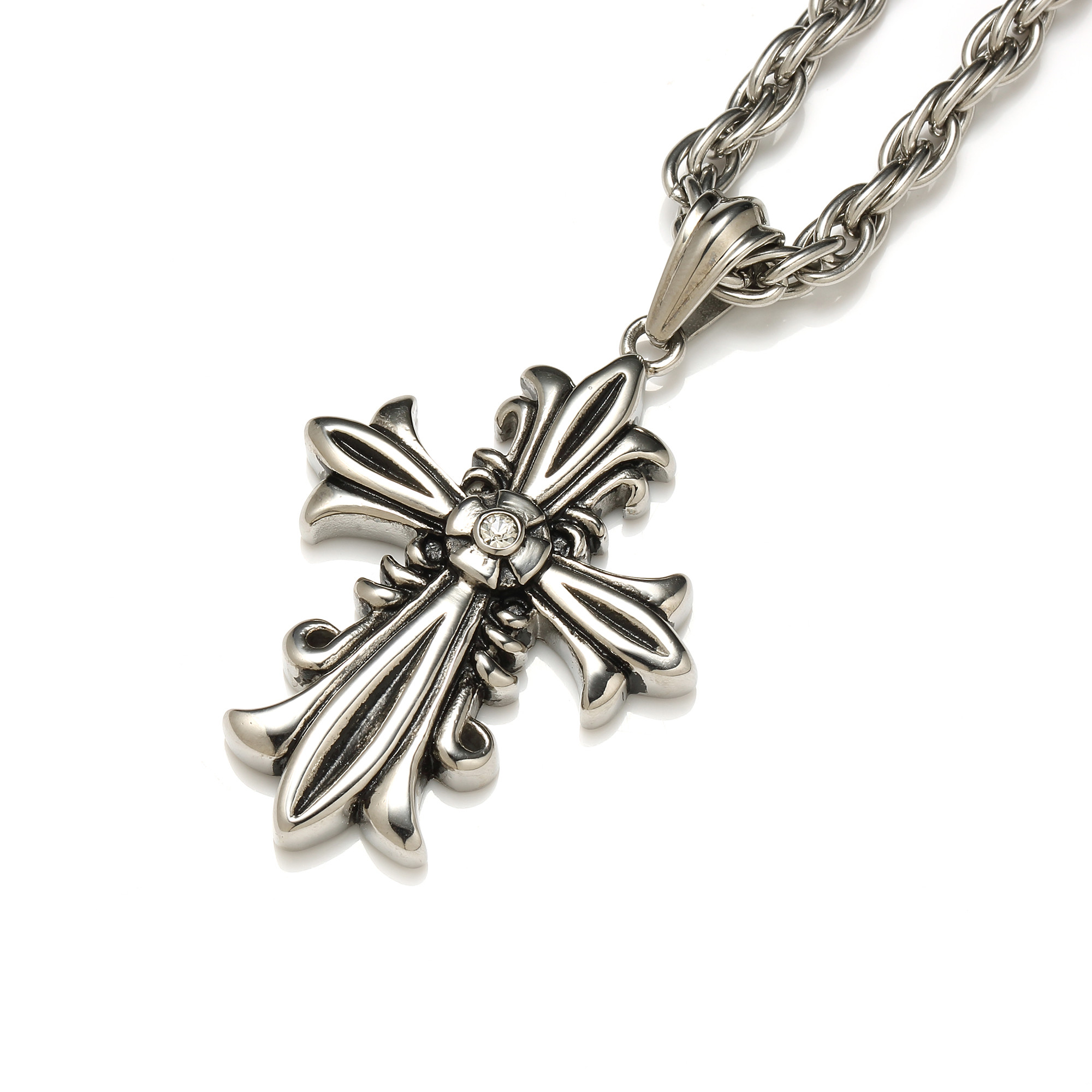Punk style fashion necklace stainless flower cross pendant necklace