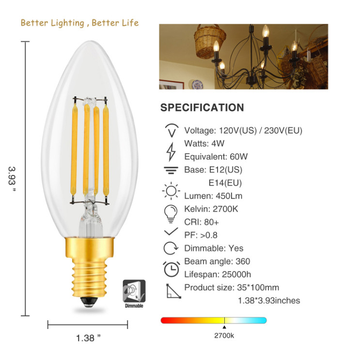 Dimmable C35 4W Candle LED Light Bulb E14 Energy Saving Bulb For Home Lighting