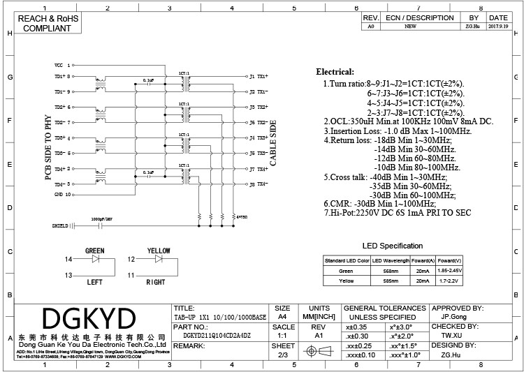 DGKYD211Q104CD2A4DZ Gigabit Single Port Cat6 Ethernet Connector LED 10P8C RJ45 Modular Jack Pcb Jack