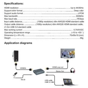 Professional 4K 60Hz HDMI To USB3.0 Video Capture Card With Audio Output And USB