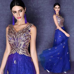 China Deep V Neck Royal Blue Gold Embroidery Evening Dresses Annual Meeting Host Dress TSJY033 on sale