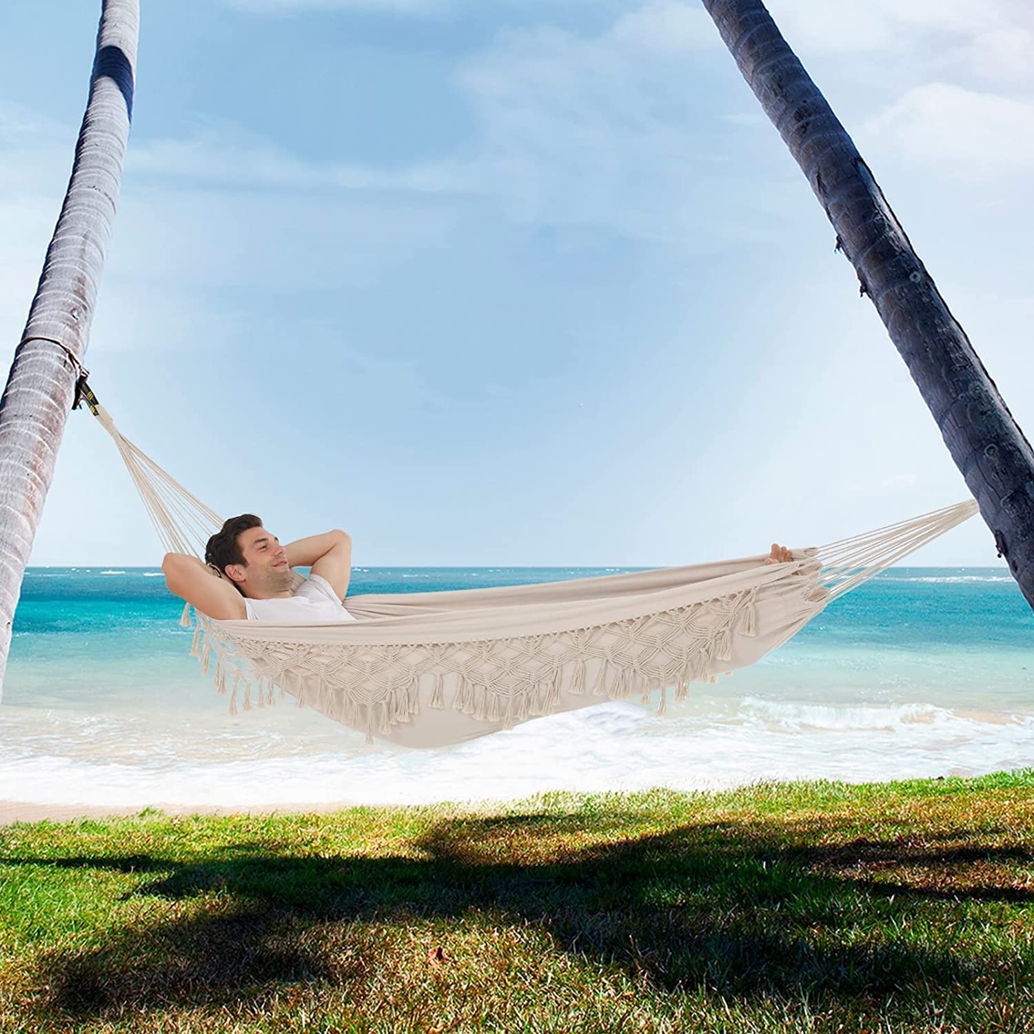 Collapsible Ultralight Cotton Double Swing Hanging Hammock Bed for Camping and Garden
