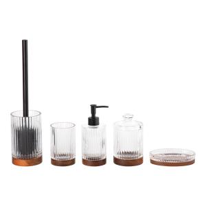 China 5pcs Glass Bathroom Accessories Set Clear With Wood Base Round Shape Ribbed Vertical Stripe factory