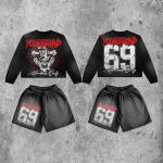 Custom Logo Acid Wash Hoodies Sweat Shorts Black Crop Top and Sleeveless Tank
