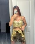 Holographic Sequin Decor bustier corset Chain Detail Backless Crop Halter Top