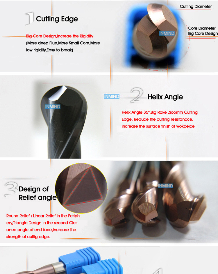 AlTiN Coating , HRC50 2 Flute Ball Nose End Mill Grain Size 0.6-0.8UM High Precision , Long tool life