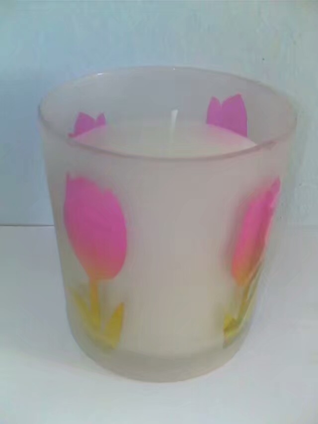 Home decor unscented glass candle printed by pink butterfly and flower decoration