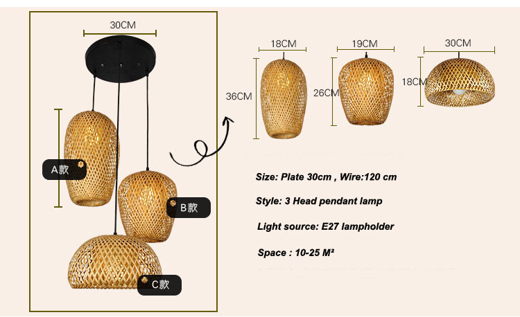 Customized Three Head Rattan Pendant Light Lamps With Switch Control