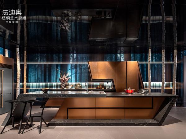 Rose Gold Modern Kitchen Cabinet With Geometric Lines And Stainless Steel