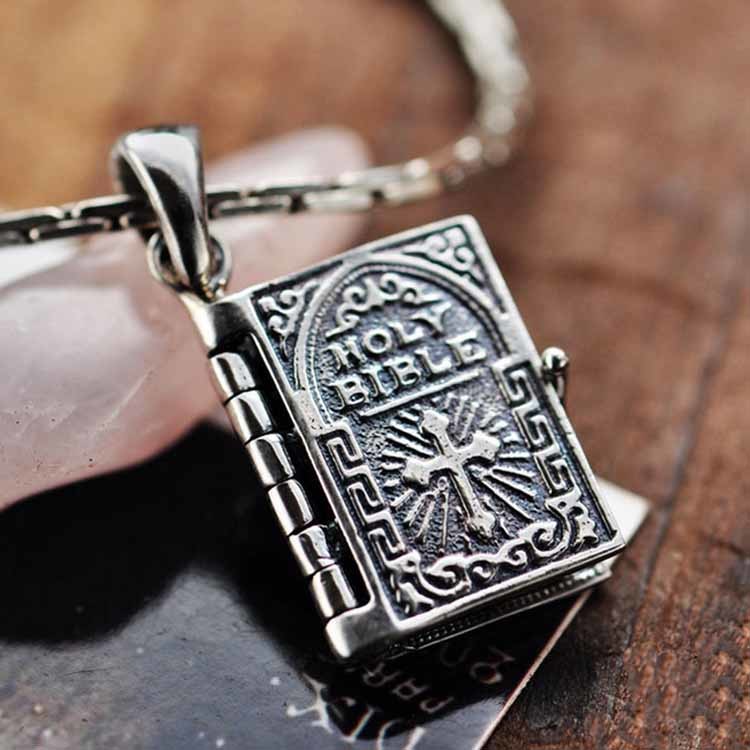 Sterling 925 Silver Holy Bible Pendant Men Women Retro Necklace (003967W)