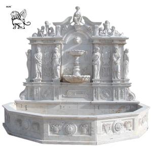 China Marble Wall Fountains Italian Glorious Lion Head And Figure Relief Stone Garden Decor factory