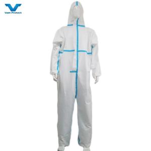China Waterproof Medical Protective Suit Anti-Splash En14126 Hooded Coverall with Blue Tape factory