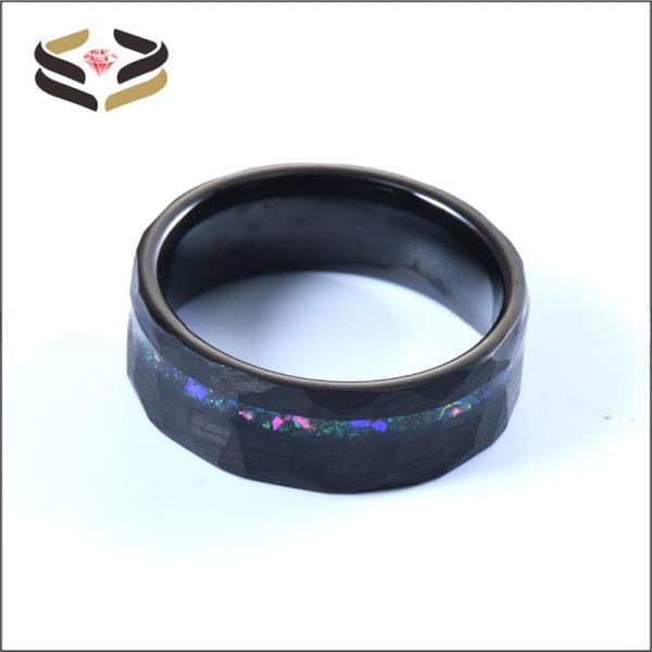 Men Faceted Black Tungsten Wedding Rings 8mm with Pearl Type Inlay Galaxy Opal Inlay