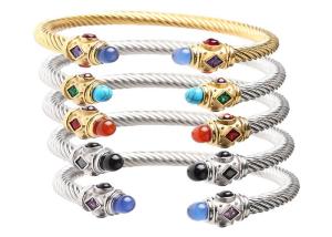 China Titanium steel cable ruby turquoise stone bracelet accessories golden elastic wire rope twist open bracelet wholesale factory