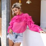 Lantern Sleeved High Neck Flared Blouse Chic Black High Waisted Lace Tops With