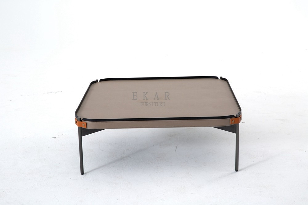 Metal Legs Modern Living Room Wood Leather Coffee Table Set