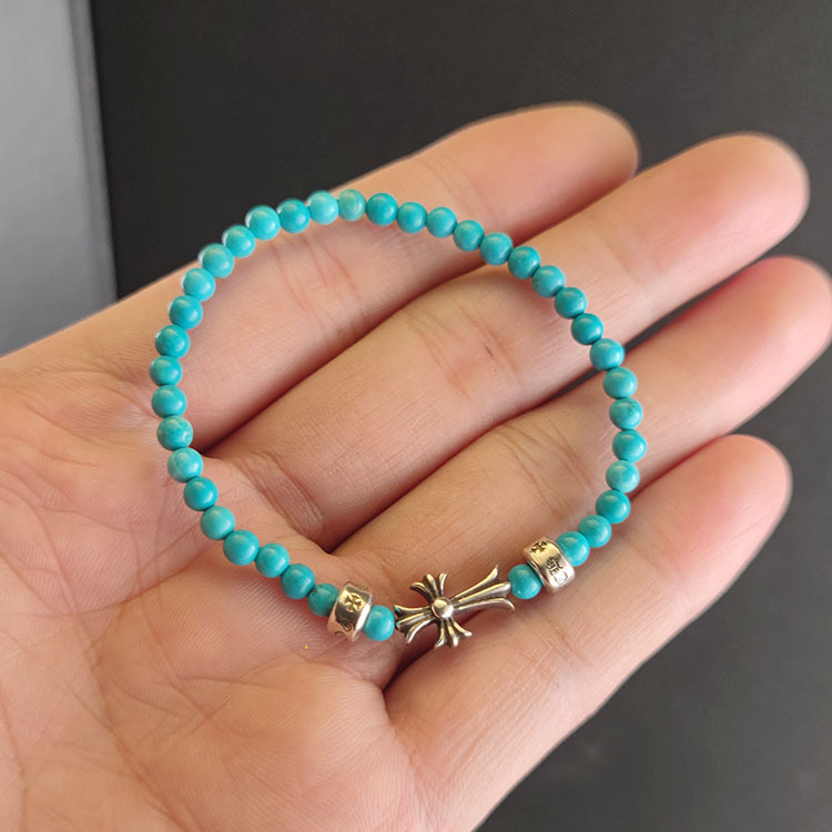 Natural Turquoise 10MM925 Silver Beads Bracelet Punk Hip-Hop European And American Trendy Personality Men And Women Kroro Silver Beads Bracelet Punk