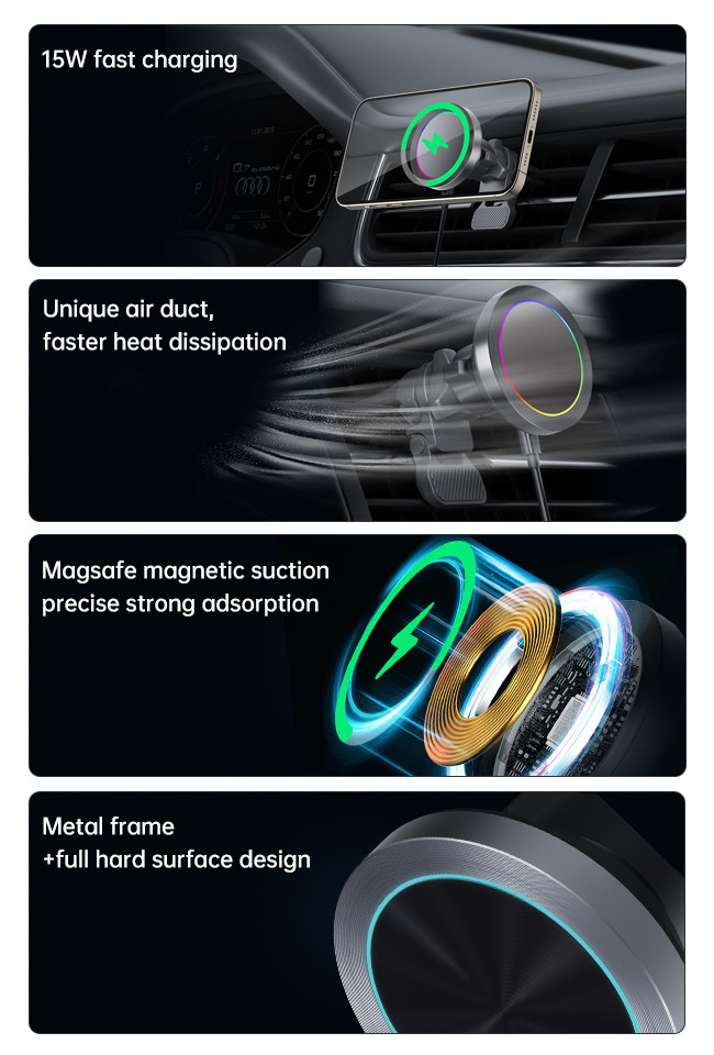 Small And Thin Magnetic Car Mount Wireless Charger With Hidden Light Off Function For A Neat Look