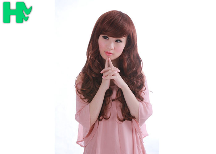 Red Body Wave Left Side Part None Lace Long Synthetic Wigs / Heat Resistant Fiber Hair