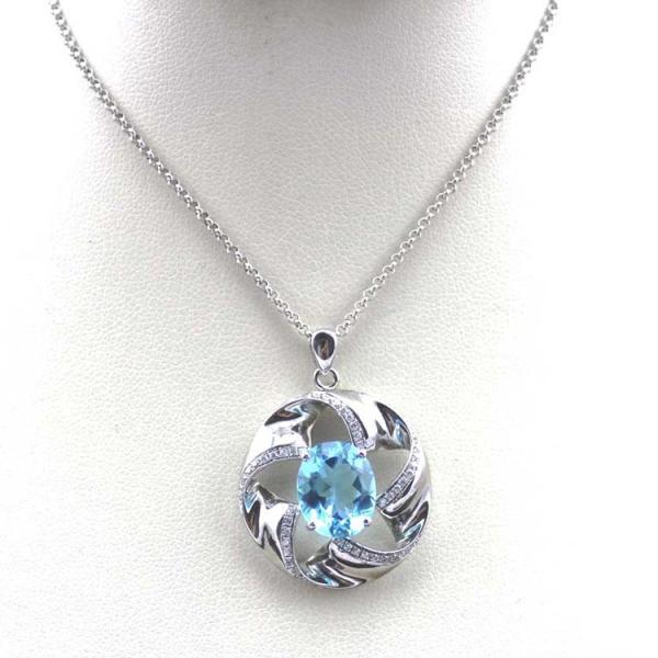 Women Jewelry 925 Silver 8mmx10mm Oval Blue Topaz Cubic Zirconia Charm Pendant