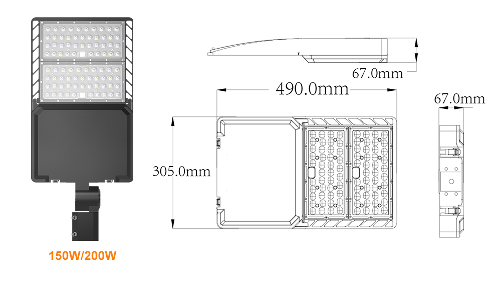 200W LED Shoebox Light IP66 Powerful Road Lighting Bridges Park 150LM/W