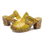 Yellow Fashion Women Sandals Floral T-Strap Ladies Leather Clogs Sandals