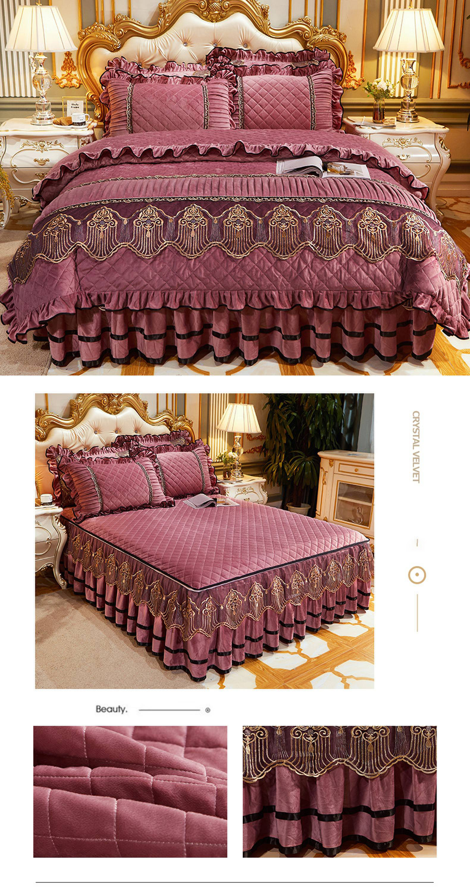 Wedding Four-piece Kit Bedding Set with Easy Care Fade-Free Embroidery Lace Bed Skirt