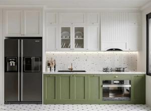 China Light Green Solid Wood Kitchen Cabinets Island Shape Customization factory