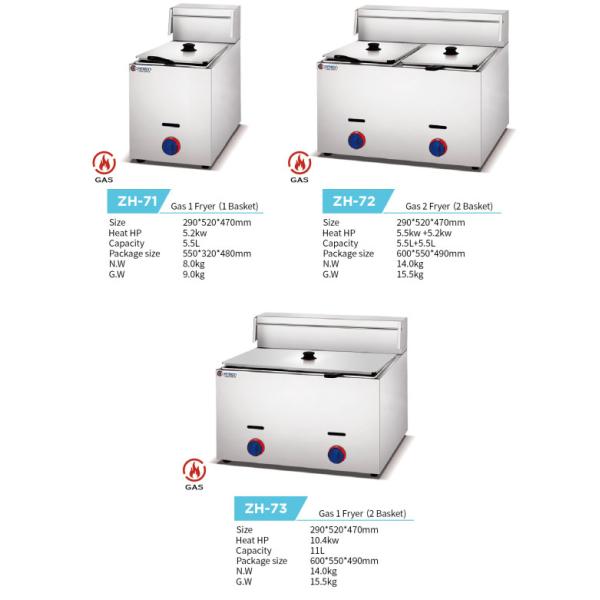 5.2kw Stainless Steel Cooking Equipment Double Basket Gas Deep Fryer 1 Tank Snack Machine