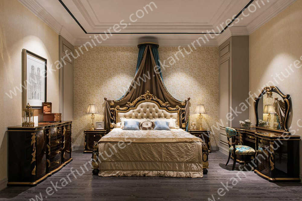 Italy antique luxuxy bedroom furniture master wooden leather bed AA-308