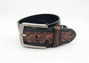 China Vintage Cowhide Genuine Leather Belts / Men's Western Tooled Embossed Leather Waist Straps factory