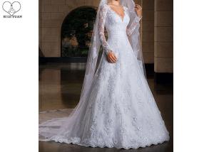 China Long Tail A Line Bridal Gowns , Long Sleeve Lace Wedding Gown V Neck With Beads factory