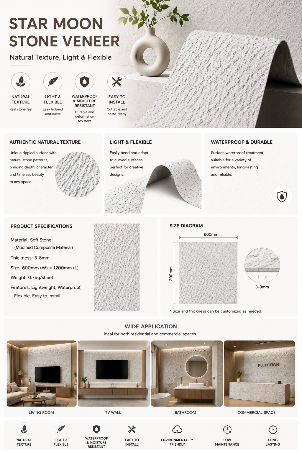 Starry Moon Soft Stone Texture Wall Panel Lightweight Bendable Flexible For Curved Walls